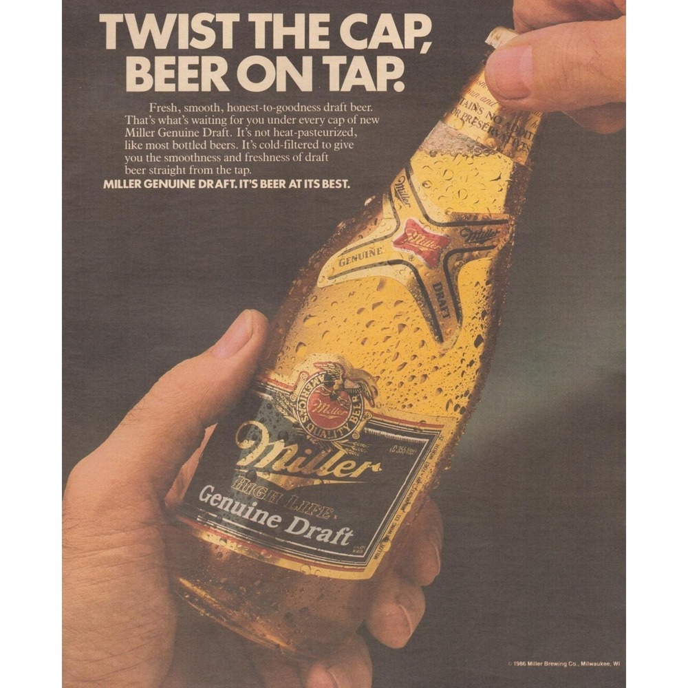 Vintage 1986 Miller Genuine Draft Print Ad MGD Beer‎ On Tap Bar Lounge Decor